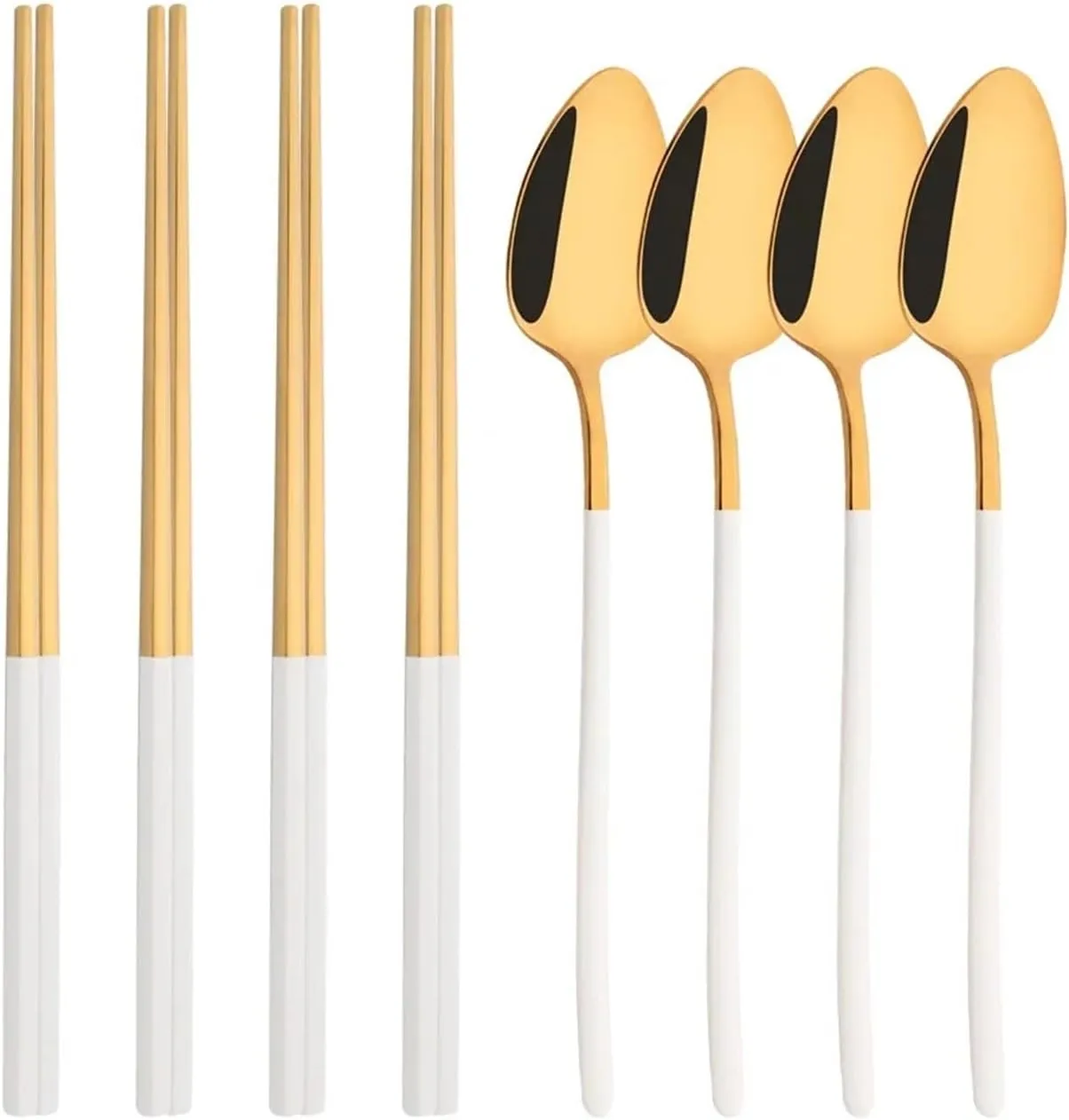 travel utensils 8Pcs Tableware Set Stainless Steel Dinner Set Dinnerware Spoon Chopsticks Cutlery Set(White Gold)