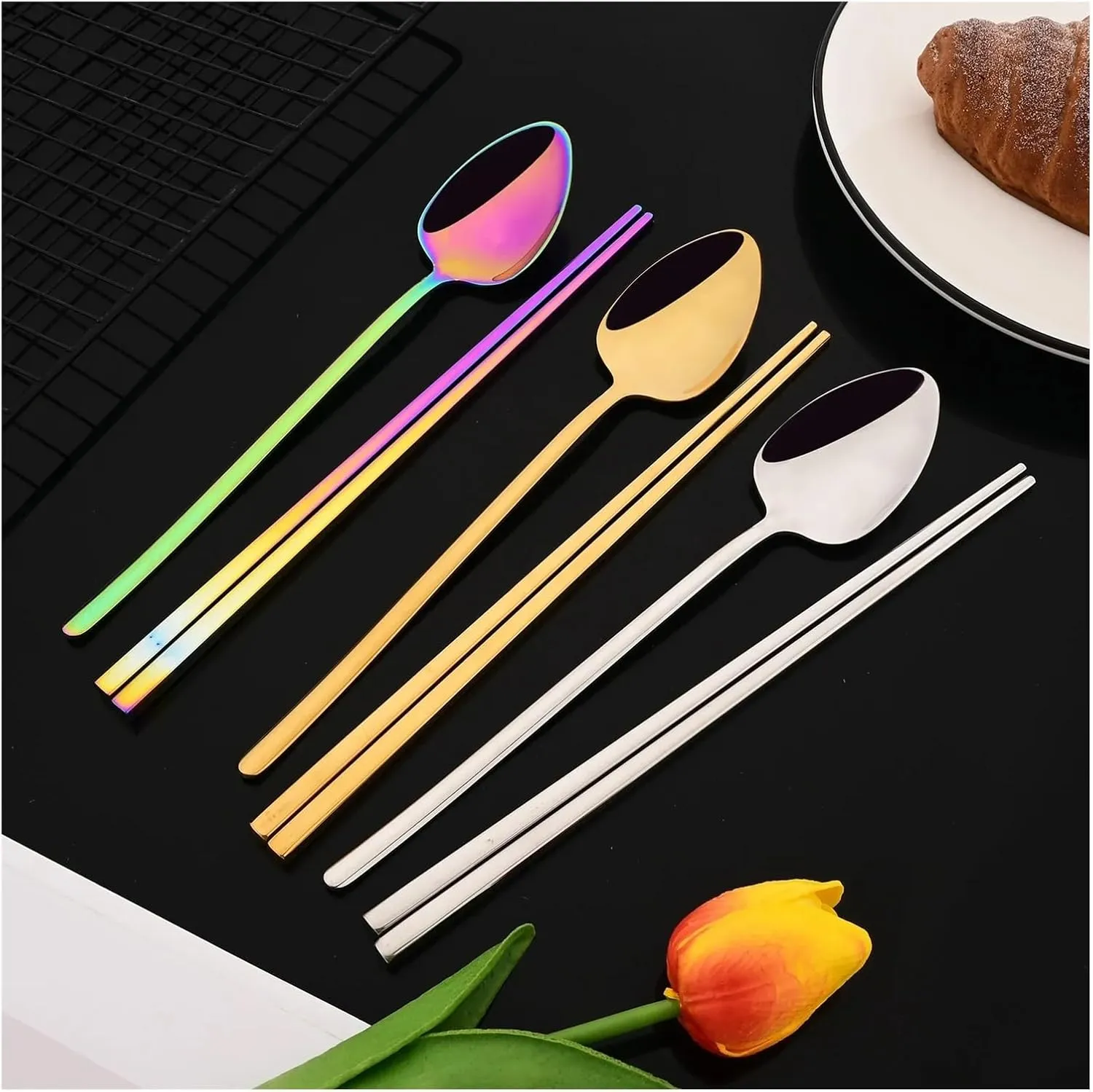 travel utensils 8Pcs Tableware Set Stainless Steel Dinner Set Dinnerware Spoon Chopsticks Cutlery Set(White Gold)