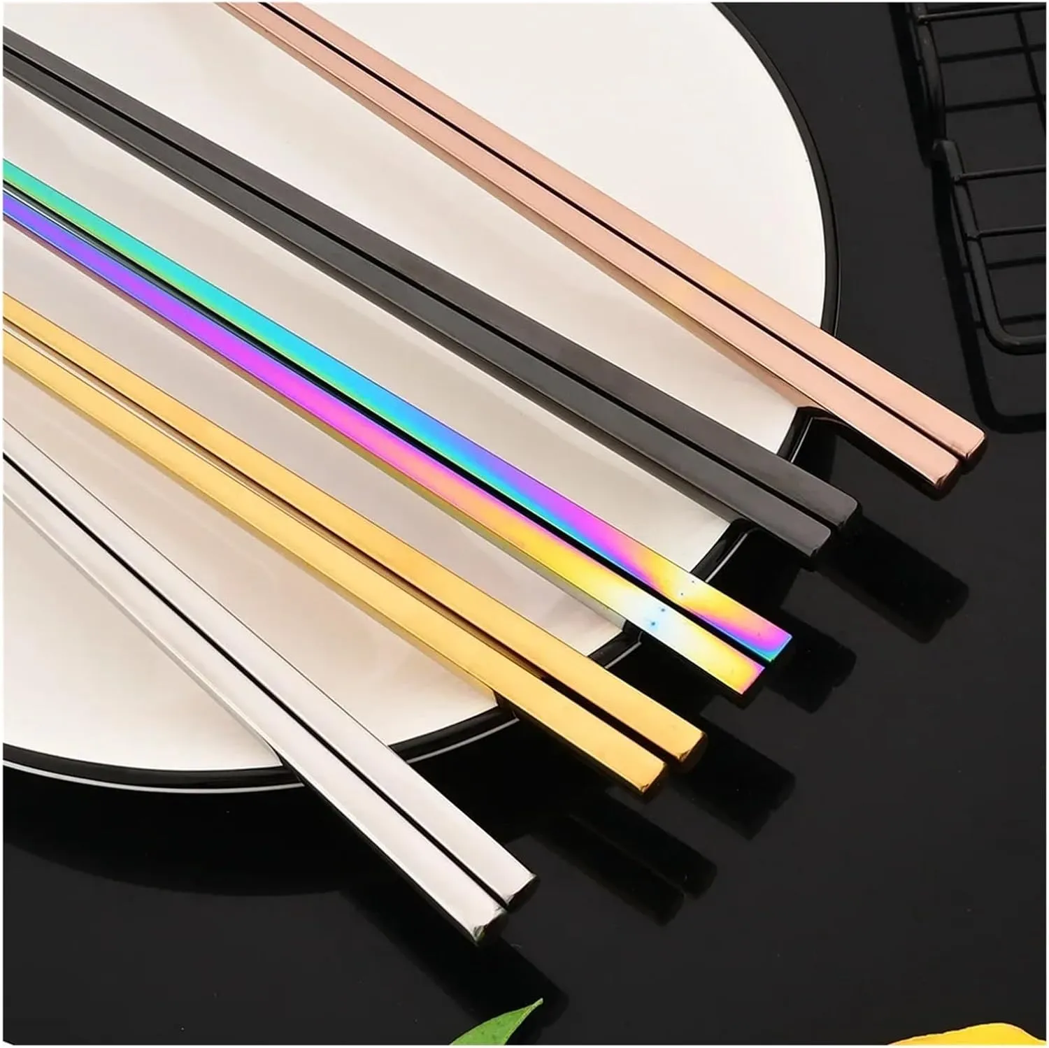 travel utensils 8Pcs Tableware Set Stainless Steel Dinner Set Dinnerware Spoon Chopsticks Cutlery Set(White Gold)