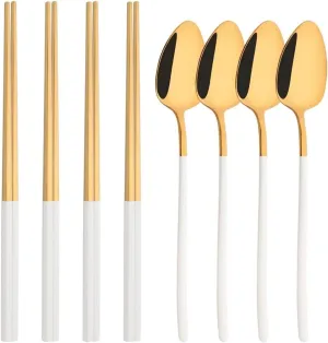 travel utensils 8Pcs Tableware Set Stainless Steel Dinner Set Dinnerware Spoon Chopsticks Cutlery Set(White Gold)