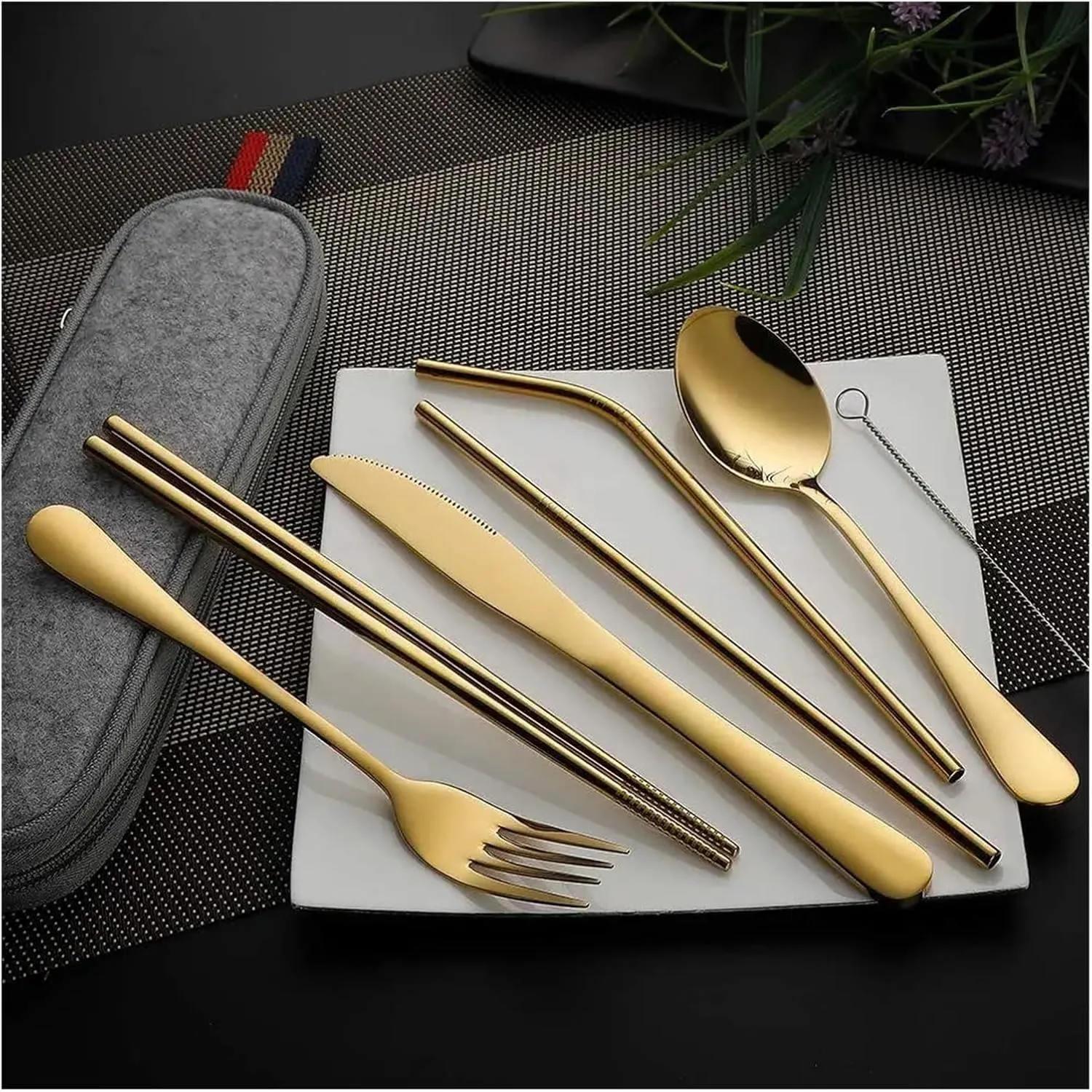 travel utensils 8Pcs/set Tableware Reusable Travel Cutlery Set Camp Utensils Set with stainless steel Spoon Fork(Gold)