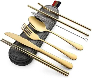 travel utensils 8Pcs/set Tableware Reusable Travel Cutlery Set Camp Utensils Set with stainless steel Spoon Fork(Gold)