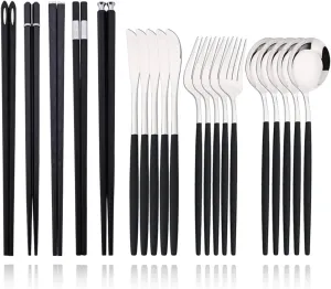 travel utensils Tableware Set 15-20Pcs Cutlery Set Stainless Steel Dinnerware Knife Fork Spoon Chopsticks Cutlery Set(20Pcs Black Silver)
