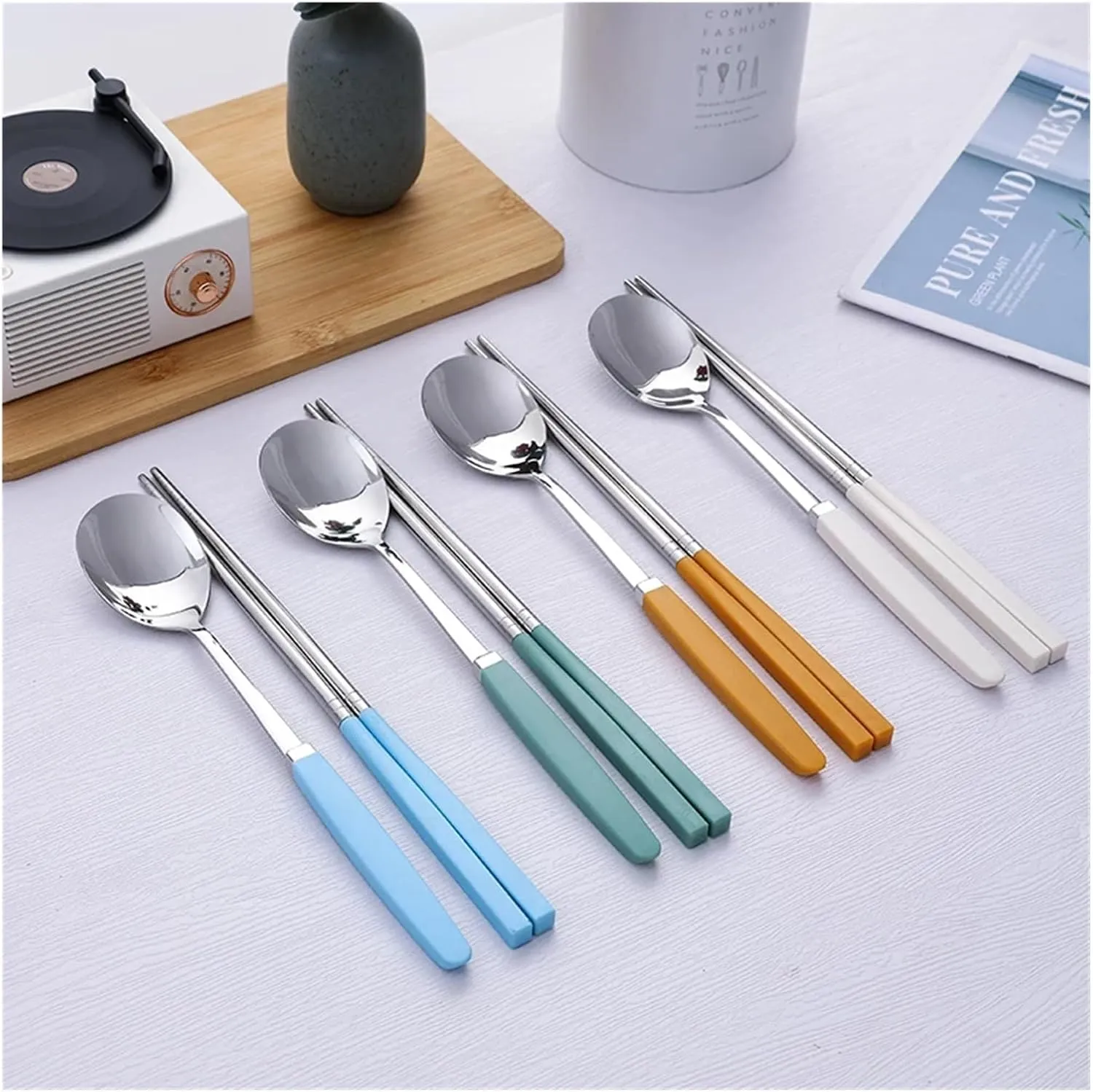 travel utensils Tableware Set Stainless Steel Cutlery Set Dinner Set Spoon Chopsticks Set Dinnerware 8Pcs Cutlery Sets(8Pcs Green)