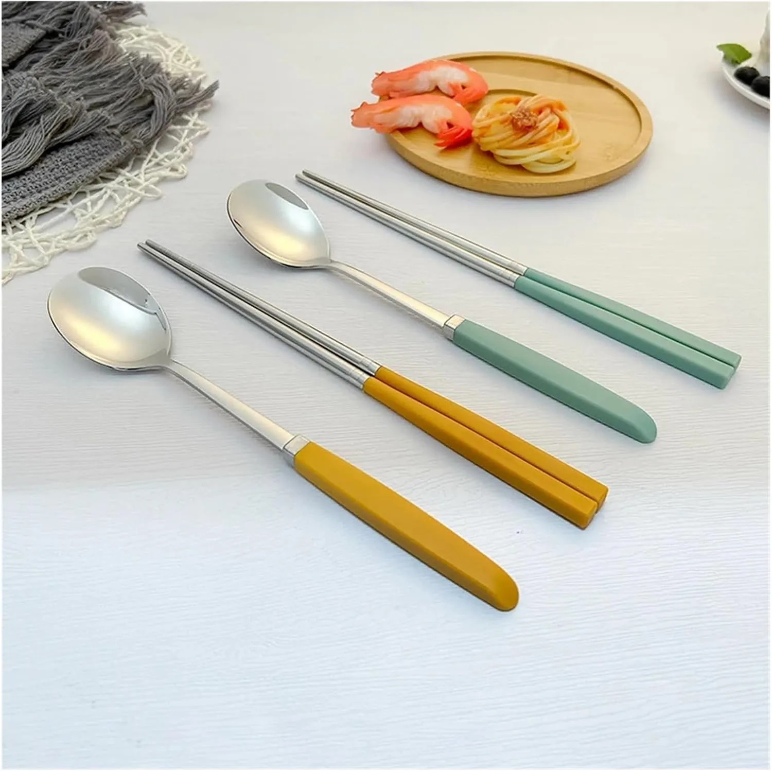 travel utensils Tableware Set Stainless Steel Cutlery Set Dinner Set Spoon Chopsticks Set Dinnerware 8Pcs Cutlery Sets(8Pcs Green)