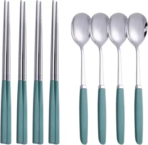travel utensils Tableware Set Stainless Steel Cutlery Set Dinner Set Spoon Chopsticks Set Dinnerware 8Pcs Cutlery Sets(8Pcs Green)