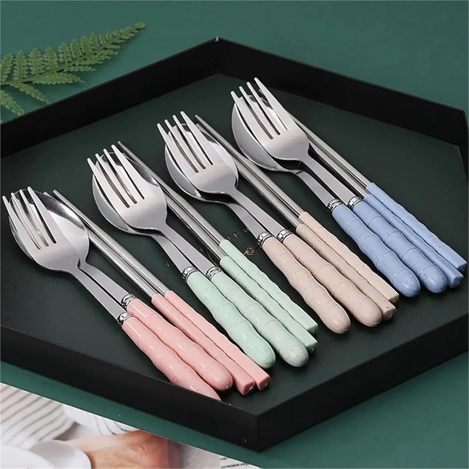 Travel Utensils with Case 3sets Tableware Set Stainless Steel Chopsticks Fork Spoon Set Travel Flatware With Box Lunch Tableware Kitchen Accessories(Blue flower)