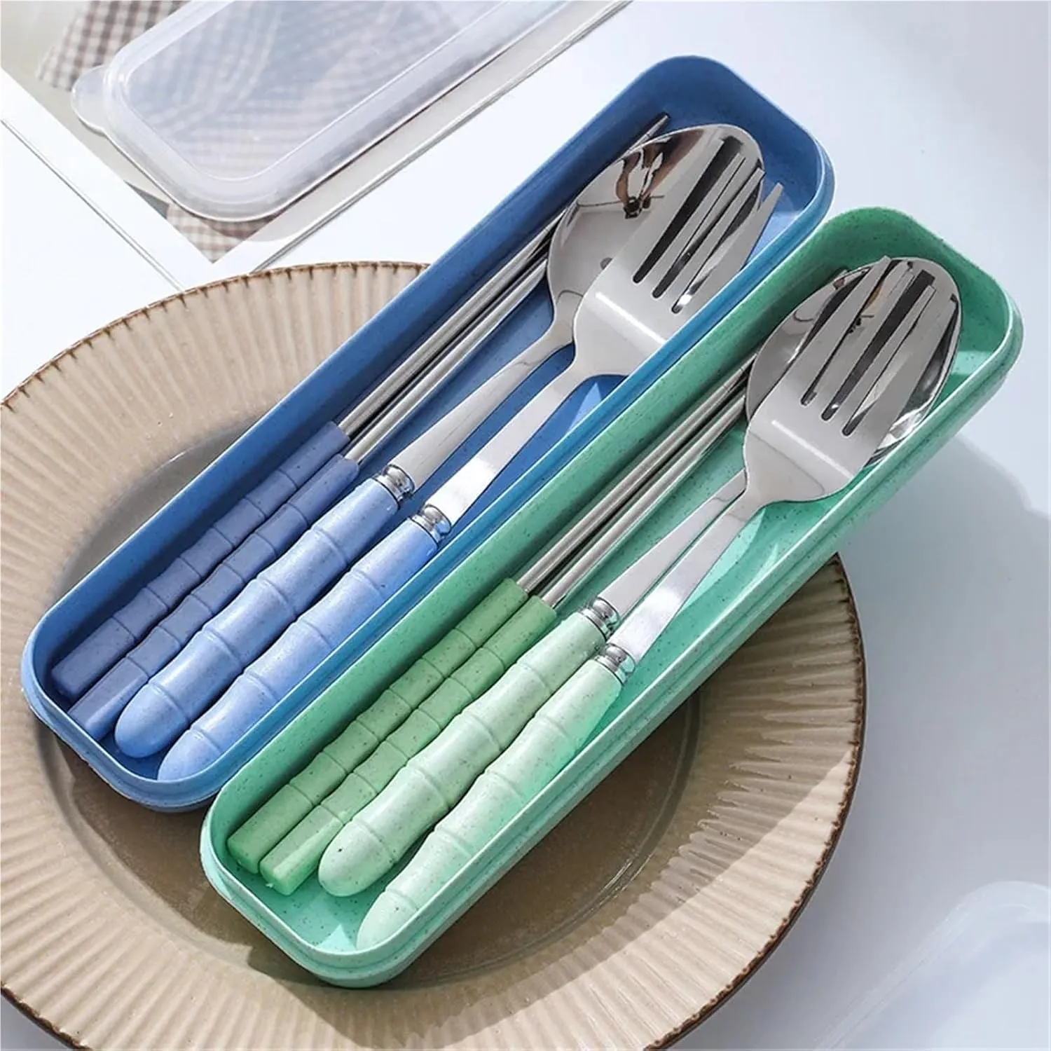 Travel Utensils with Case 3sets Tableware Set Stainless Steel Chopsticks Fork Spoon Set Travel Flatware With Box Lunch Tableware Kitchen Accessories(Blue flower)