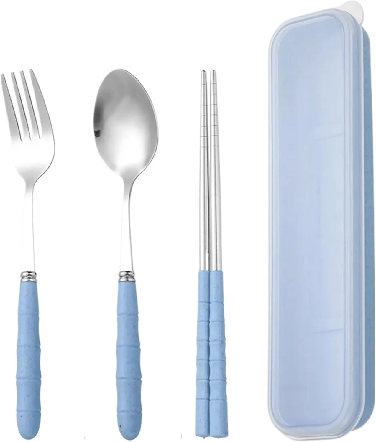 Travel Utensils with Case 3sets Tableware Set Stainless Steel Chopsticks Fork Spoon Set Travel Flatware With Box Lunch Tableware Kitchen Accessories(Blue flower)
