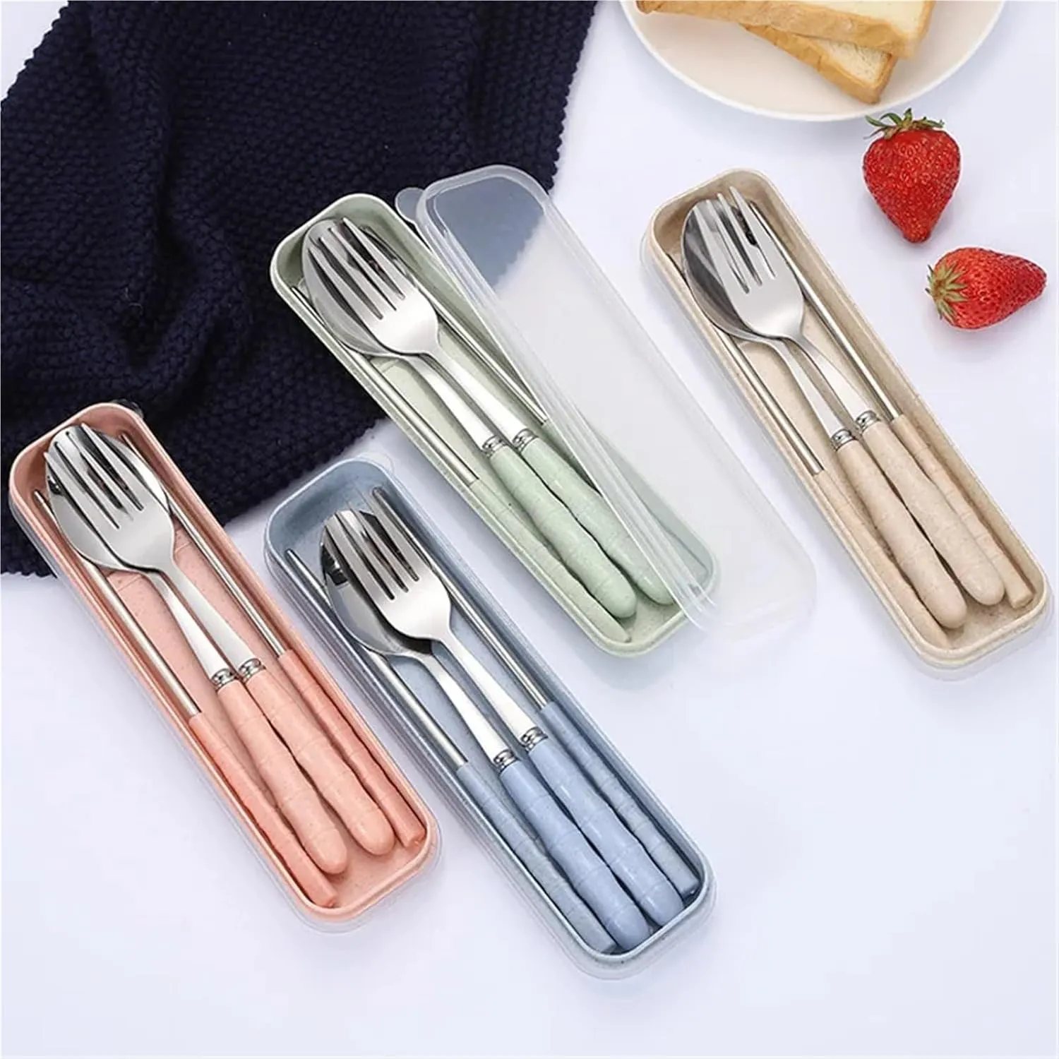 Travel Utensils with Case 3sets Tableware Set Stainless Steel Chopsticks Fork Spoon Set Travel Flatware With Box Lunch Tableware Kitchen Accessories(Blue flower)