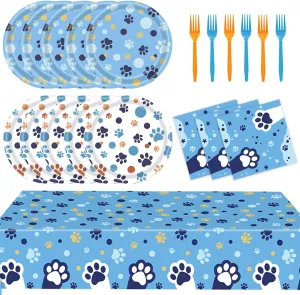 TRBSXRT Blue Dog Paw Print Party Supplies - Plates, Plates, Napkins, Forks & Tablecloth for 20 Guests Cute Tableware Set Themed Birthday Party Decorations