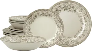TUDOR ROYAL 12-Piece Porcelain Round Dinnerware Set, Service for 4, DIANA ROSE BEIGE Design, Blue Floral, Plates Bowls Dishes, Premium Quality Tableware, Unique Pattern, Glossy