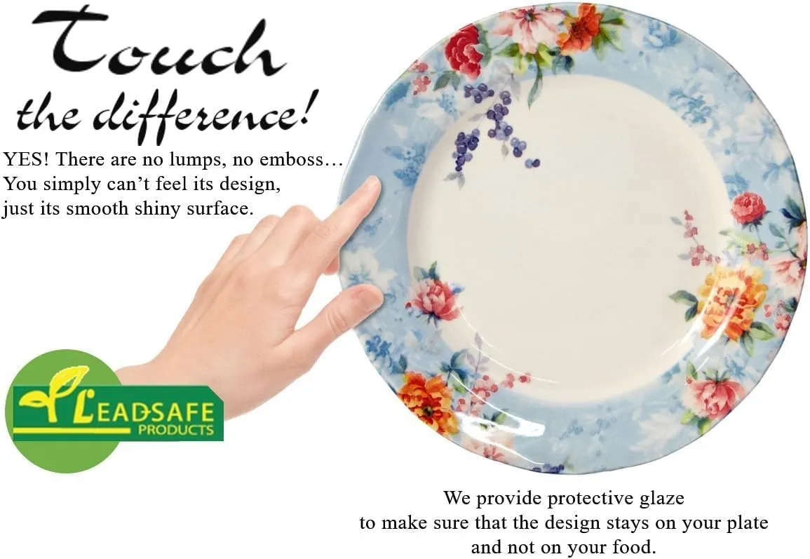 TUDOR ROYAL 12-Piece Porcelain Round Dinnerware Set, Service for 4, DIANA ROSE BEIGE Design, Blue Floral, Plates Bowls Dishes, Premium Quality Tableware, Unique Pattern, Glossy