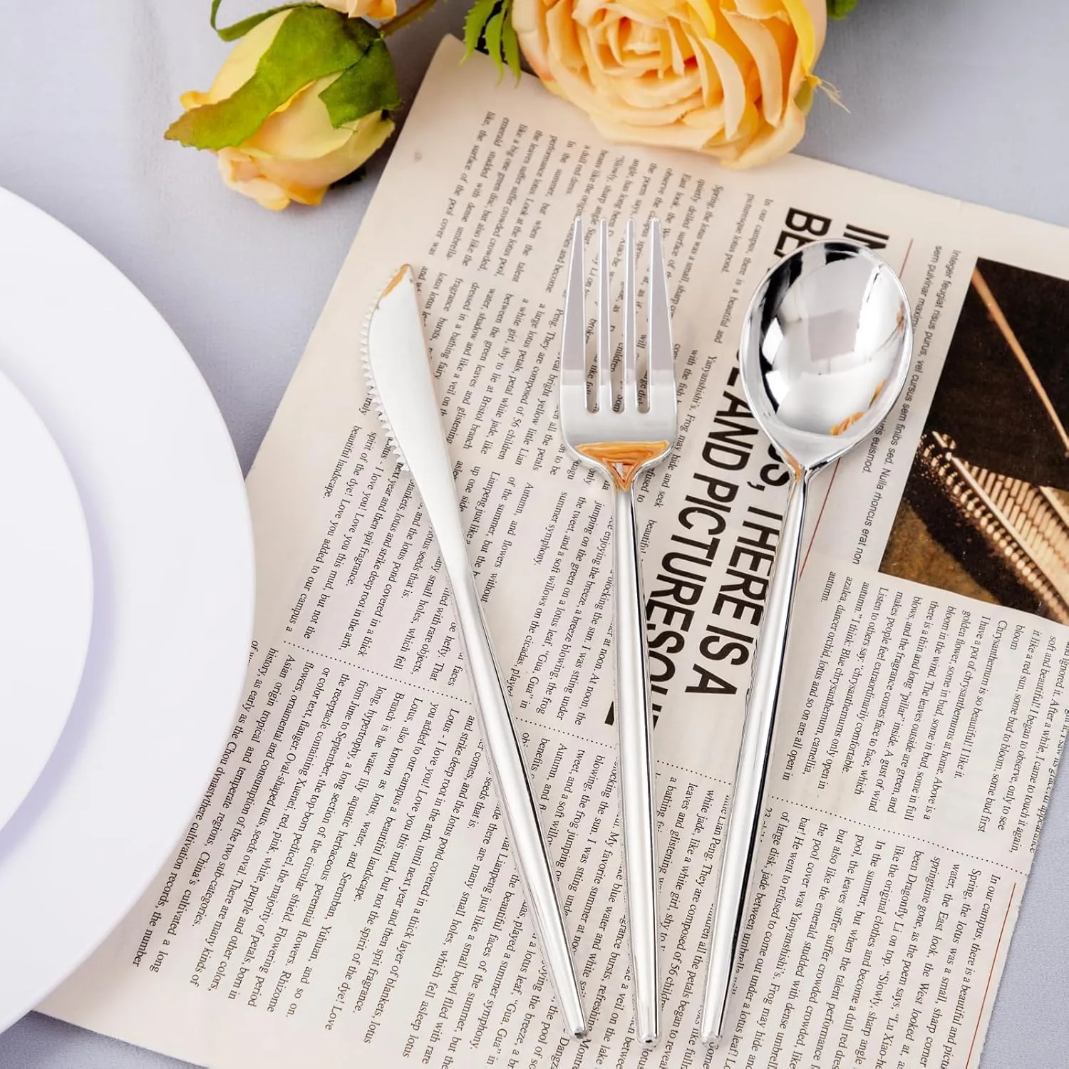 U-QE 120pc Silver Disposable Cutlery Set - Luxury Heavy Weight Plastic Flatware, Include 60 Forks, 30 Spoons, 30 Knives for Party