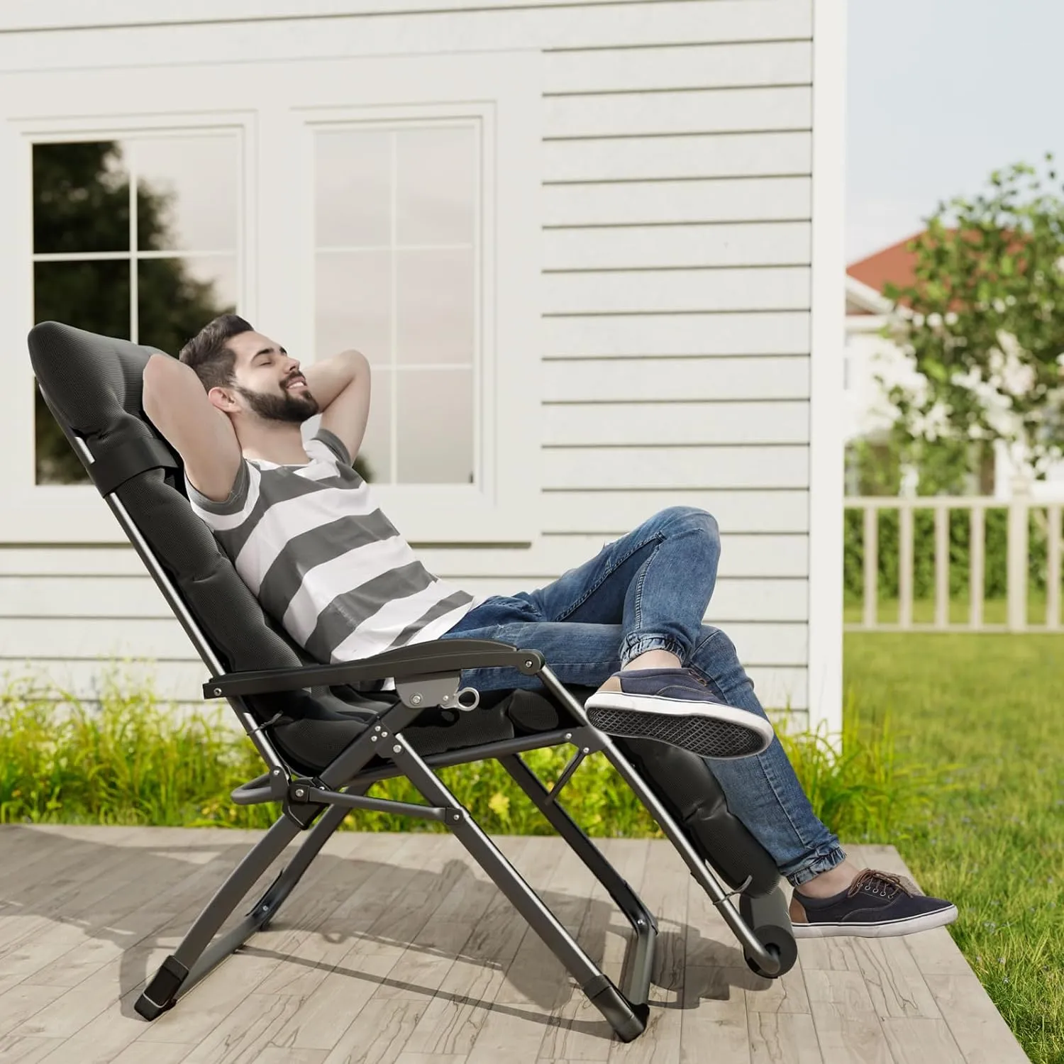 UDPATIO Oversized Zero Gravity Chair 29In XL Patio Reclining Chair with Cushion, Outdoor Folding Recliner with Pillows|Cup Holder|Foot Rest|Padded Headrest, Brown Grey, Support 500LB