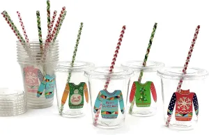 Ugly Sweater Party Holiday Christmas Tableware Cups Lids Paper Straws (12 Set)