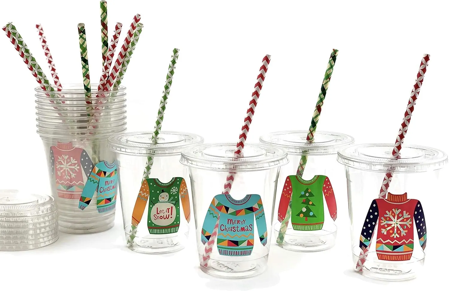 Ugly Sweater Party Holiday Christmas Tableware Cups Lids Paper Straws (12 Set)