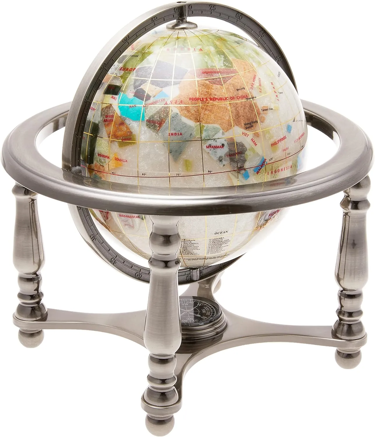 Unique Art 10-Inch Tall Pearl Swirl Ocean Gemstone World Globe with 4 Leg Silver Stand,white