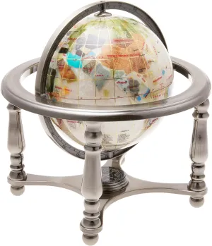 Unique Art 10-Inch Tall Pearl Swirl Ocean Gemstone World Globe with 4 Leg Silver Stand,white