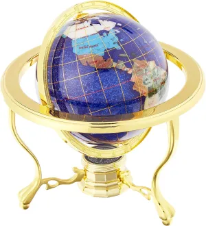 Unique Art 10-Inch Tall Table Top Blue Crystallite Ocean Gemstone World Globe with Gold Tripod Stand