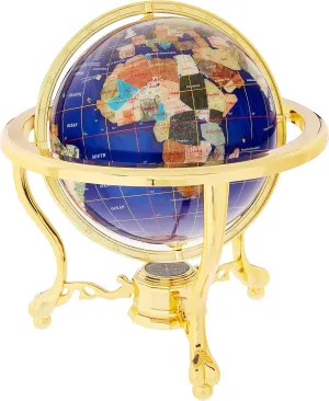 Unique Art 13-Inch Tall Bahama Blue Pearl Swirl Ocean Table Top Gemstone World Globe with Gold Tripod