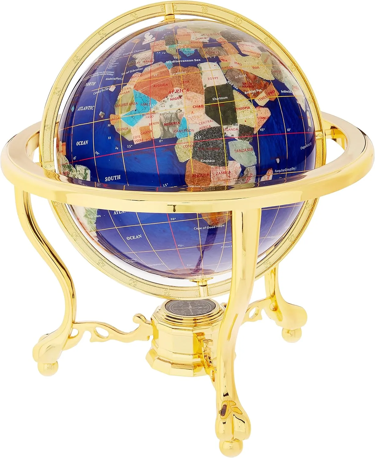 Unique Art 13-Inch Tall Bahama Blue Pearl Swirl Ocean Table Top Gemstone World Globe with Gold Tripod