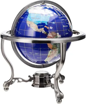 Unique Art 13-Inch Tall Table Top Blue Lapis Ocean Gemstone World Globe with Silver Tripod Stand