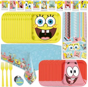 Unique Spongebob Birthday Decorations | Spongebob Party Decorations | Spongebob Party Supplies | Serves 16 Guests | With Banner, Spongebob Tablecloth, Dinner & Cake Plates, Napkins, Forks, Button
