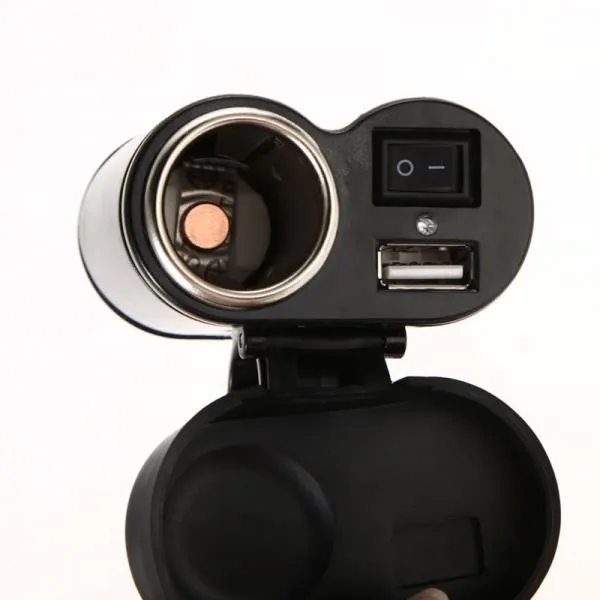 Universal 12-24V Waterproof Car Charger Motorcycle Scooter Handlebar USB Charger & Cigarette Lighter Black