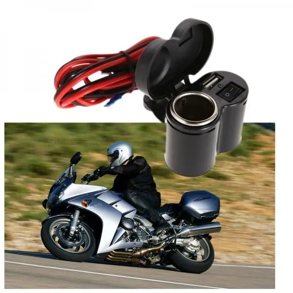 Universal 12-24V Waterproof Car Charger Motorcycle Scooter Handlebar USB Charger & Cigarette Lighter Black
