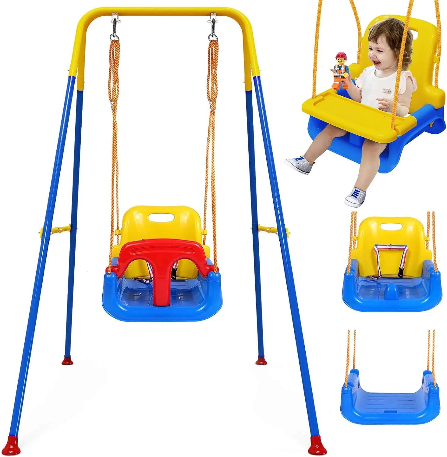 Upgraded Toddler Swing with Tray, Baby Swing Outdoor with Detachable Design, Safety Belt, Foldable Frame for Outdoor & Indoor Use