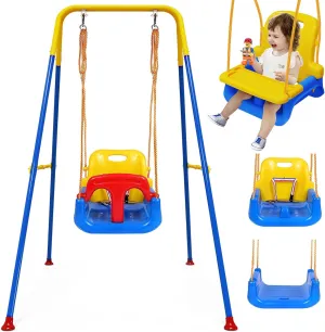 Upgraded Toddler Swing with Tray, Baby Swing Outdoor with Detachable Design, Safety Belt, Foldable Frame for Outdoor & Indoor Use