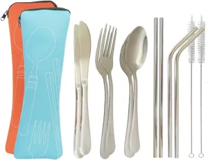 UPTRUST 2 Set Reusable Travel Utensils Portable Stainless Steel Flatware Set 6-piece Reusable Cutlery Set Knife Fork Spoon Metal Straw Cleaning Brush Portable Case, Camping Cutlery Set(Silver）