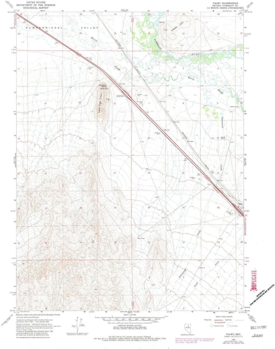 Valmy NV topo map, 1:24000 Scale, 7.5 X 7.5 Minute, Historical, 1965, Updated 1981, 26.8 x 22 in