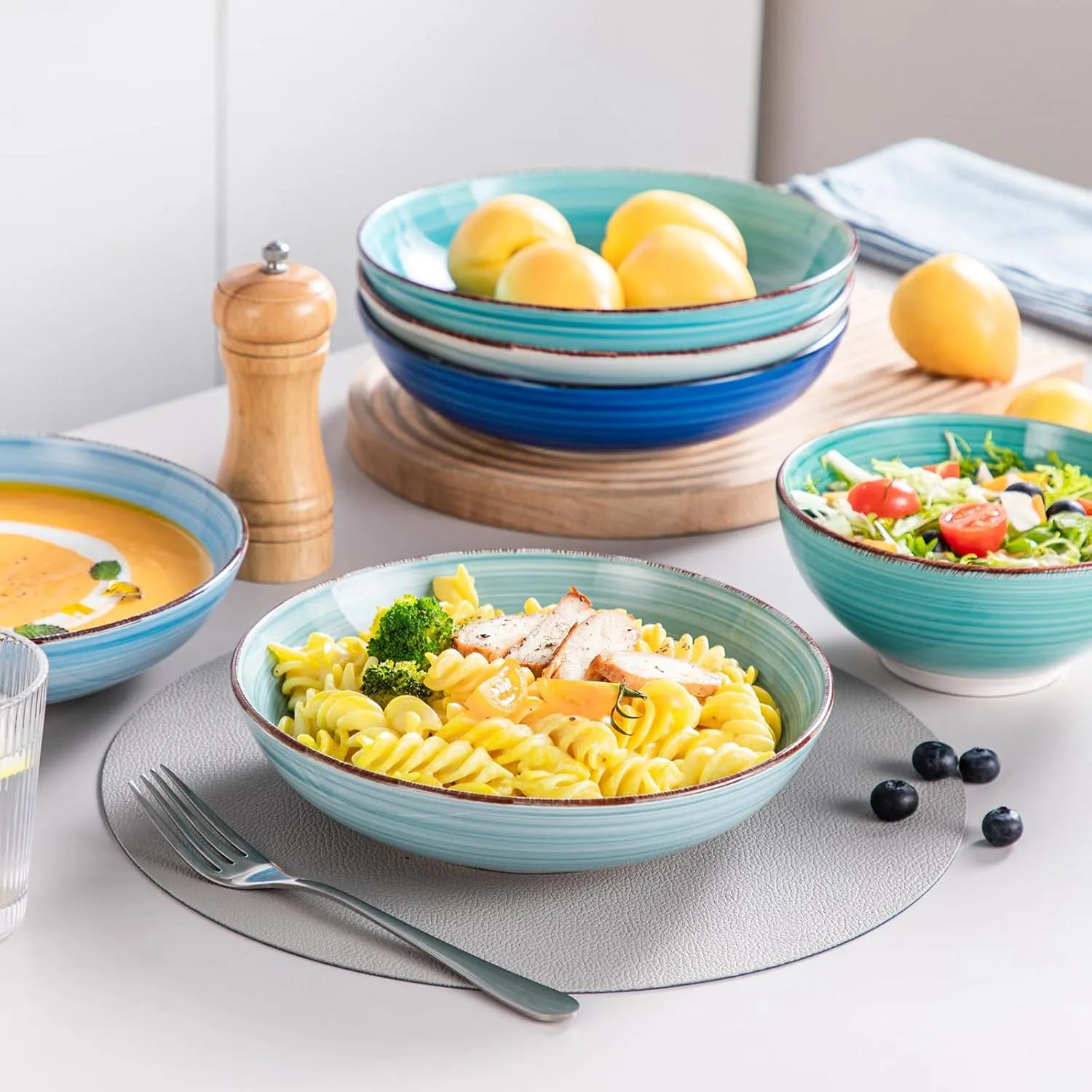 vancasso Bonita Dinnerware Set Blue Stoneware 24 Pieces Service for 6, Handpainted Spirals Pattern Stoneware Combination Set