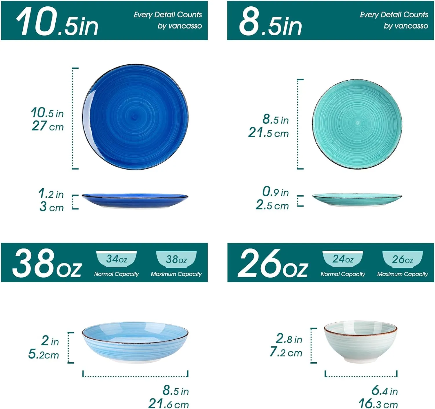 vancasso Bonita Dinnerware Set Blue Stoneware 24 Pieces Service for 6, Handpainted Spirals Pattern Stoneware Combination Set