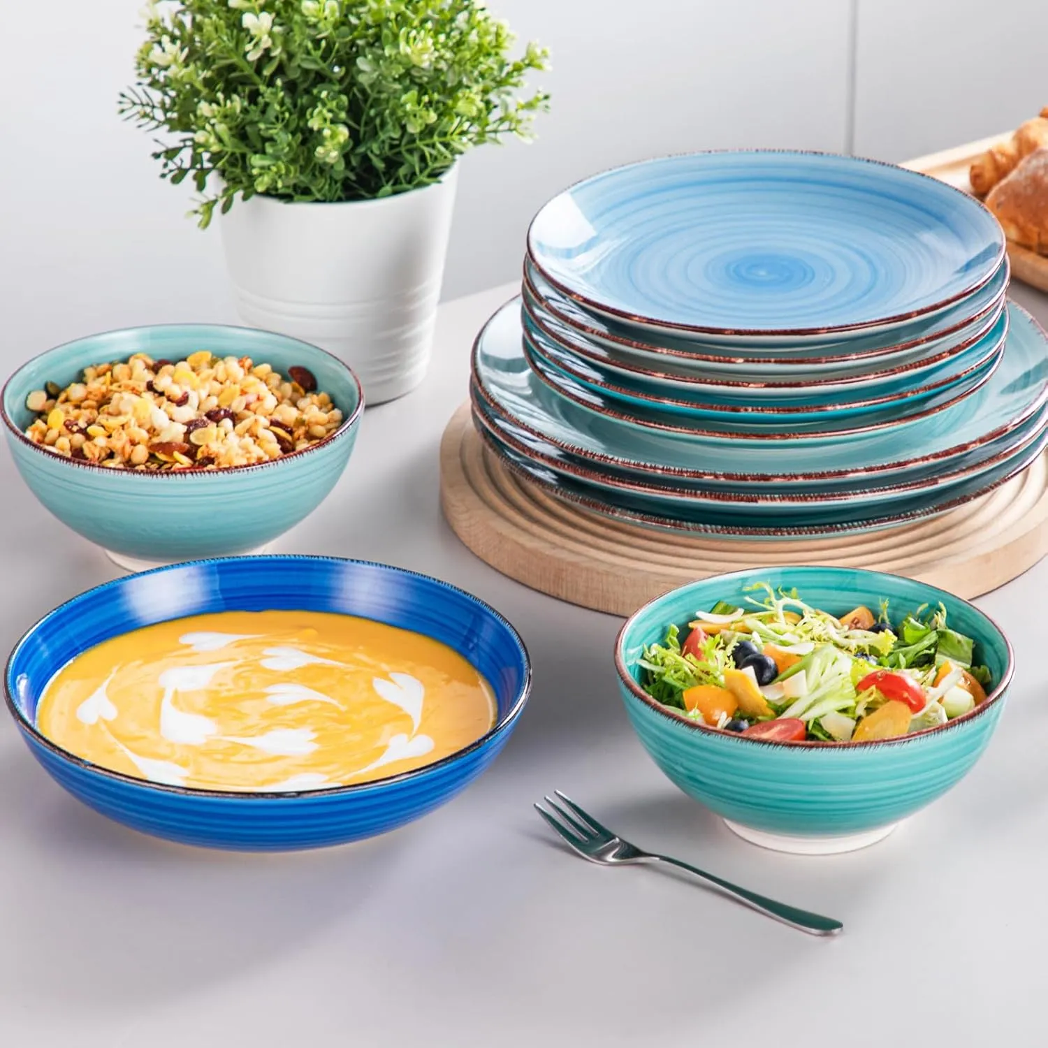 vancasso Bonita Dinnerware Set Blue Stoneware 24 Pieces Service for 6, Handpainted Spirals Pattern Stoneware Combination Set