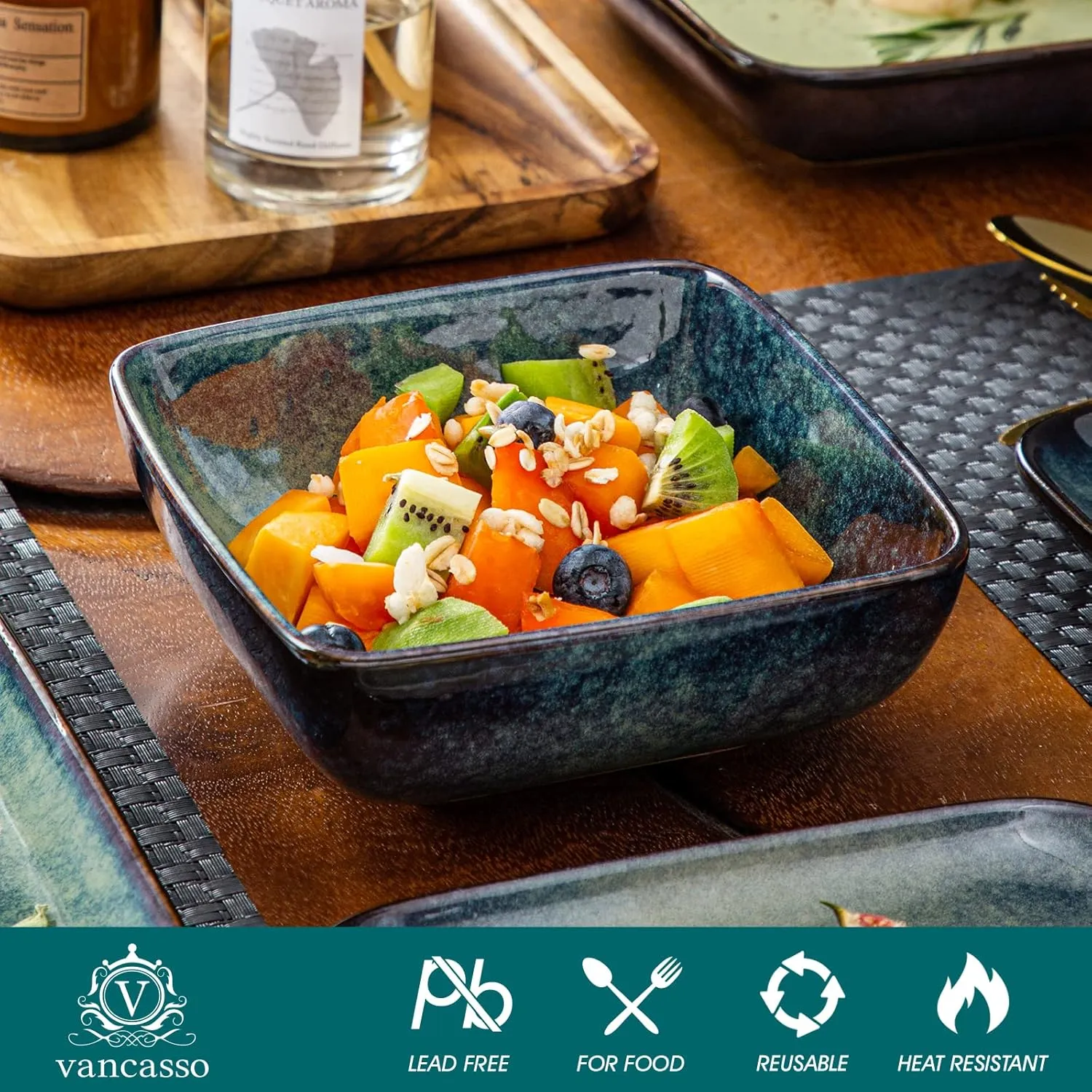vancasso Stern Green Dinner Set- Square Reactive Glaze Dish Set- 16 Pieces Kitchen Dinnerware Stoneware Crockery with Dinner Plate, Dessert Plates, Bowl and Soup Plate Service for 4