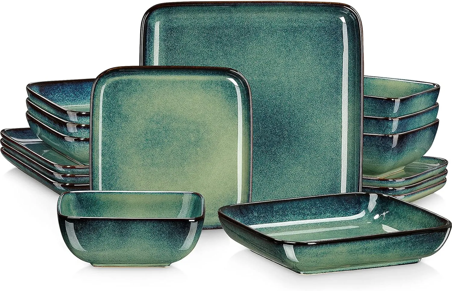vancasso Stern Green Dinner Set- Square Reactive Glaze Dish Set- 16 Pieces Kitchen Dinnerware Stoneware Crockery with Dinner Plate, Dessert Plates, Bowl and Soup Plate Service for 4