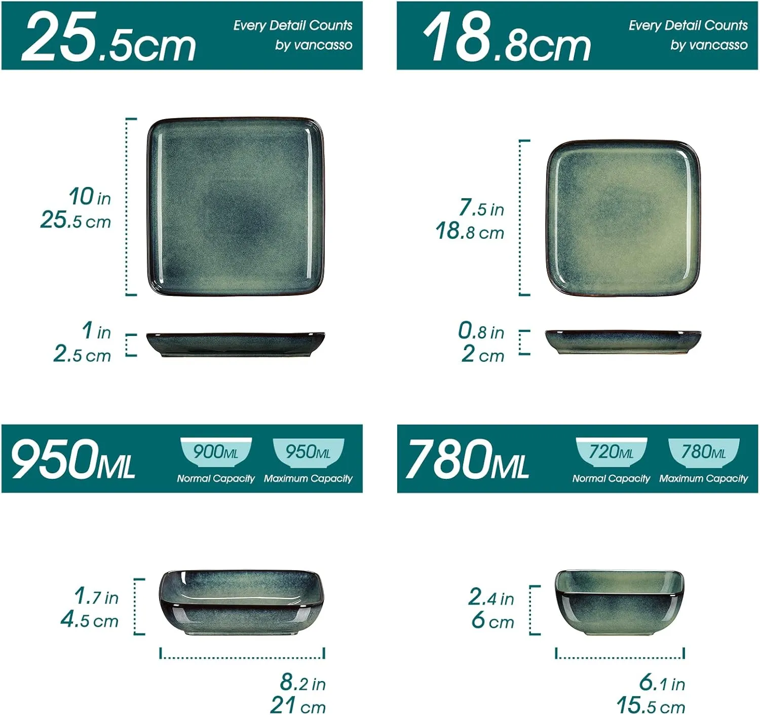 vancasso Stern Green Dinner Set- Square Reactive Glaze Dish Set- 16 Pieces Kitchen Dinnerware Stoneware Crockery with Dinner Plate, Dessert Plates, Bowl and Soup Plate Service for 4