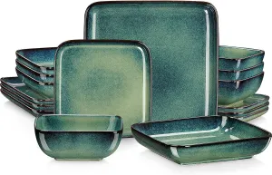 vancasso Stern Green Dinner Set- Square Reactive Glaze Dish Set- 16 Pieces Kitchen Dinnerware Stoneware Crockery with Dinner Plate, Dessert Plates, Bowl and Soup Plate Service for 4
