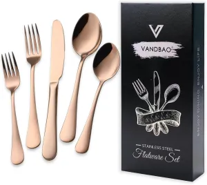 VANDBAO Coppery Flatware Cutlery Silverware Set 20 Pieces, Stainless Steel Colorful Utensils, Tableware Set Service for 4, Include Knife/Fork/Spoon, Reusable, Mirror Polished, Dishwasher Safe