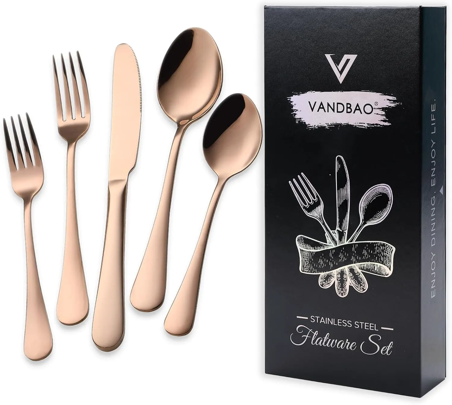 VANDBAO Coppery Flatware Cutlery Silverware Set 20 Pieces, Stainless Steel Colorful Utensils, Tableware Set Service for 4, Include Knife/Fork/Spoon, Reusable, Mirror Polished, Dishwasher Safe