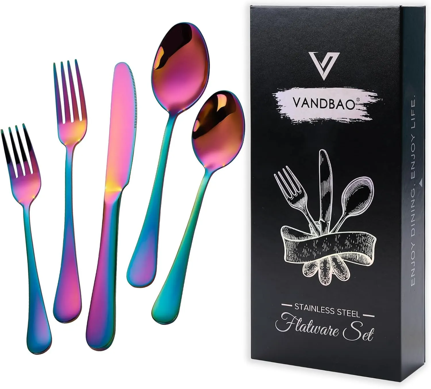 VANDBAO Rainbow Flatware Cutlery Silverware Set 20 Pieces, Stainless Steel Colorful Utensils, Tableware Set Service for 4, Include Knife/Fork/Spoon, Reusable, Mirror Polished, Dishwasher Safe