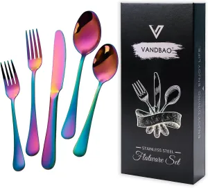 VANDBAO Rainbow Flatware Cutlery Silverware Set 20 Pieces, Stainless Steel Colorful Utensils, Tableware Set Service for 4, Include Knife/Fork/Spoon, Reusable, Mirror Polished, Dishwasher Safe