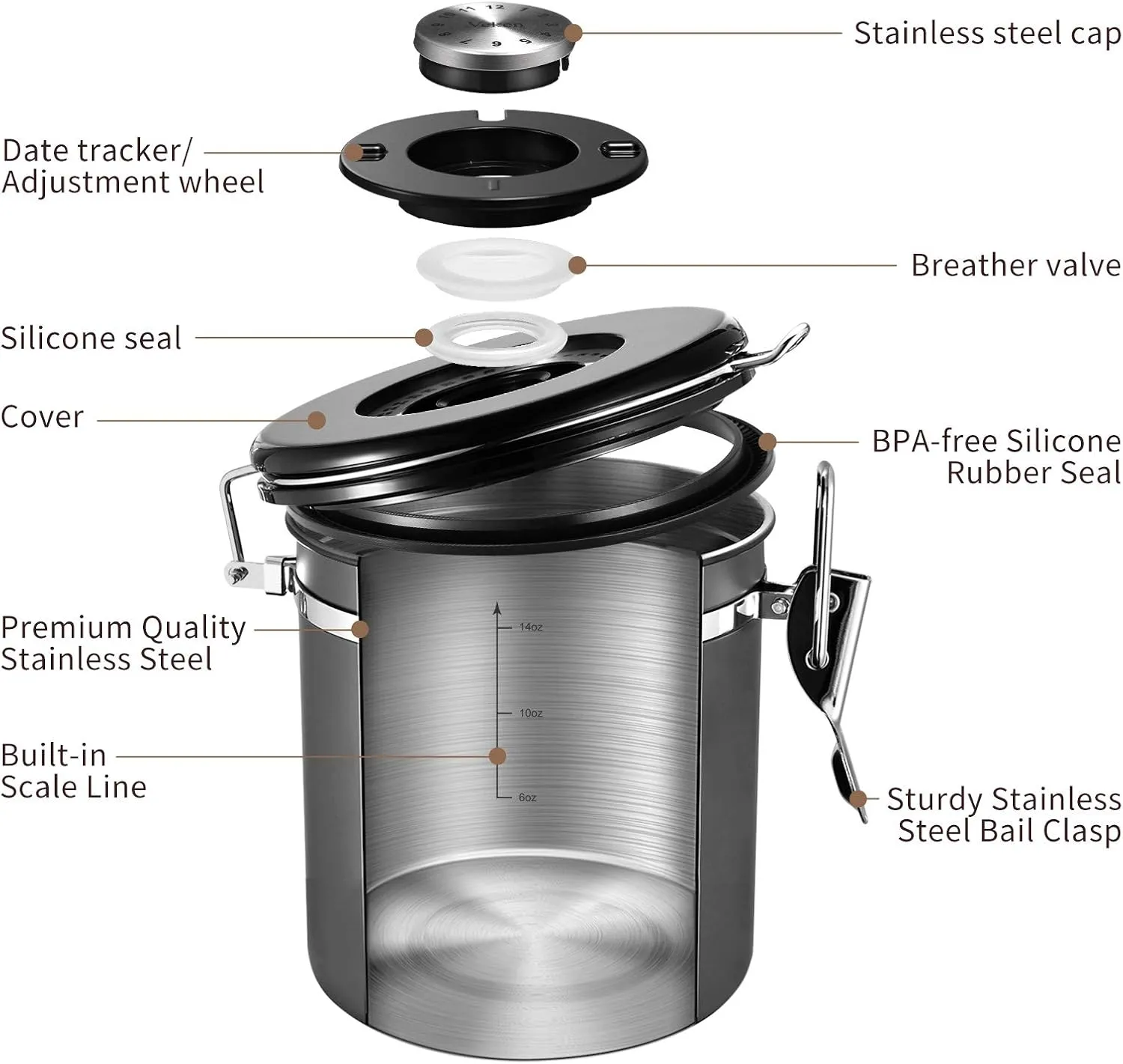 Veken Coffee Canister, Airtight Stainless Steel Kitchen Food Storage Container with Date Tracker and Scoop for Beans, Grounds, Tea, Flour, Cereal, Sugar, 16OZ, Gray