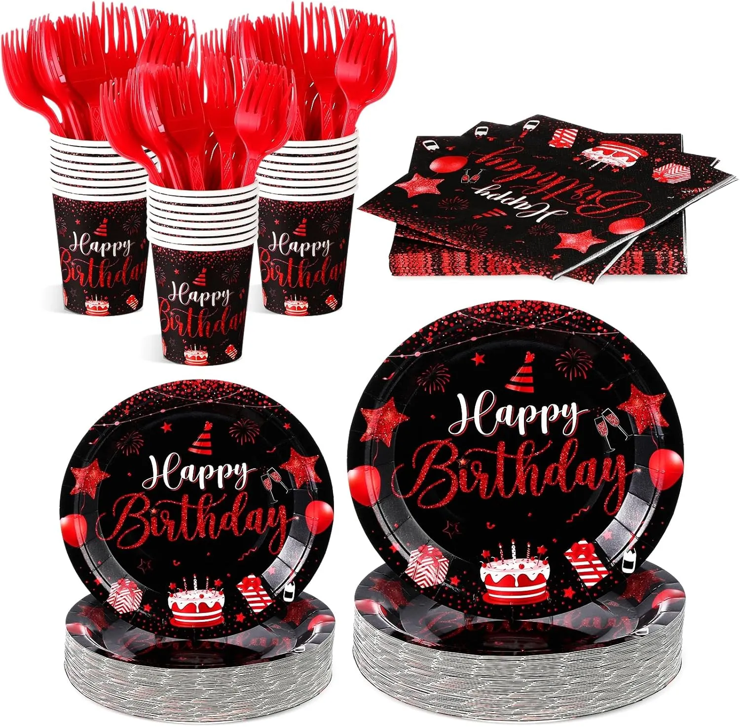 Vesici 120 Pcs Happy Birthday Party Supplies Disposable Party Tableware Serves 24 Included 7 Inch 9 Inch Plates Napkins Cups Forks for Men Woman 50th Birthday Party Decorations (Black and Red)