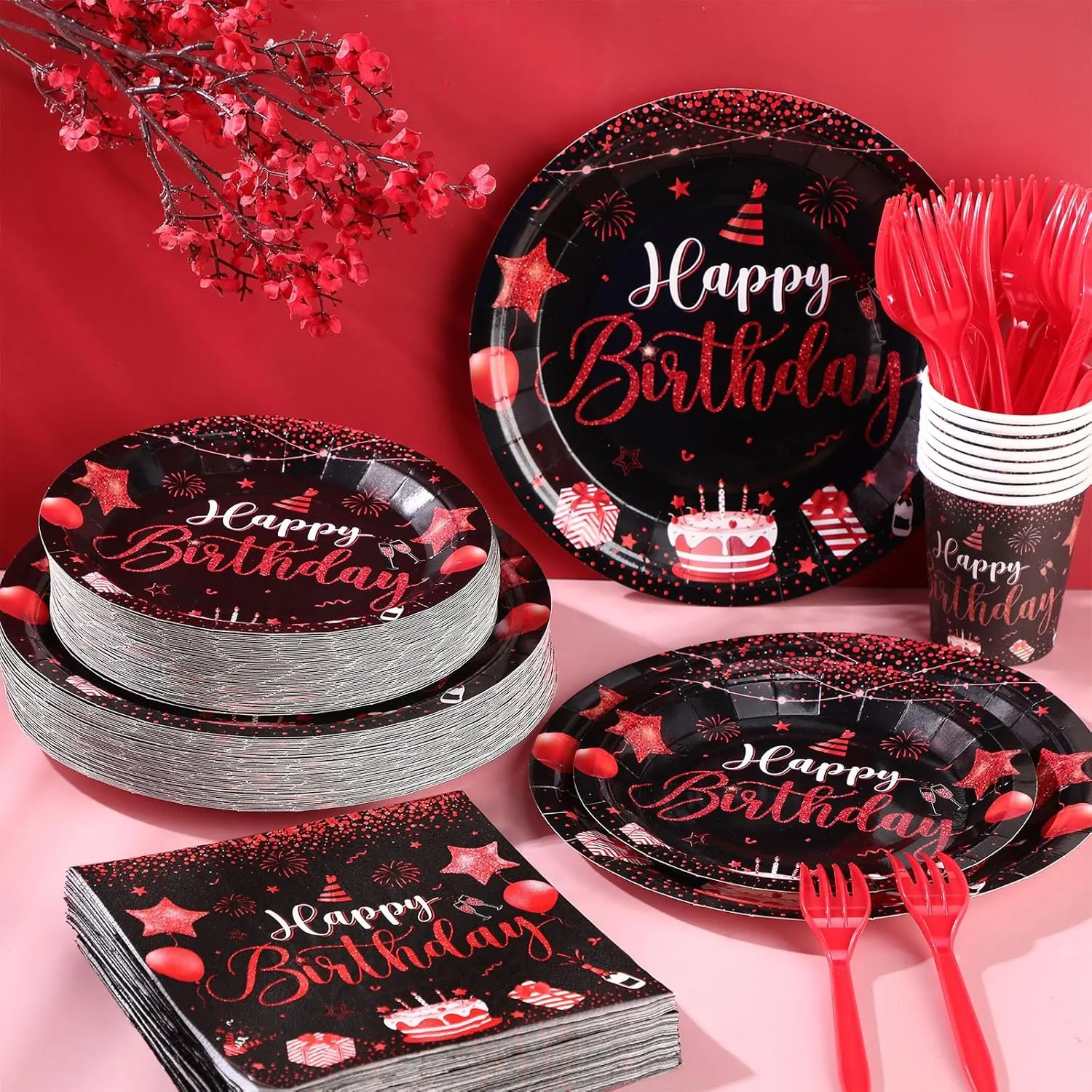 Vesici 120 Pcs Happy Birthday Party Supplies Disposable Party Tableware Serves 24 Included 7 Inch 9 Inch Plates Napkins Cups Forks for Men Woman 50th Birthday Party Decorations (Black and Red)