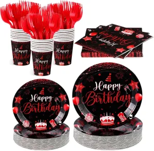 Vesici 120 Pcs Happy Birthday Party Supplies Disposable Party Tableware Serves 24 Included 7 Inch 9 Inch Plates Napkins Cups Forks for Men Woman 50th Birthday Party Decorations (Black and Red)
