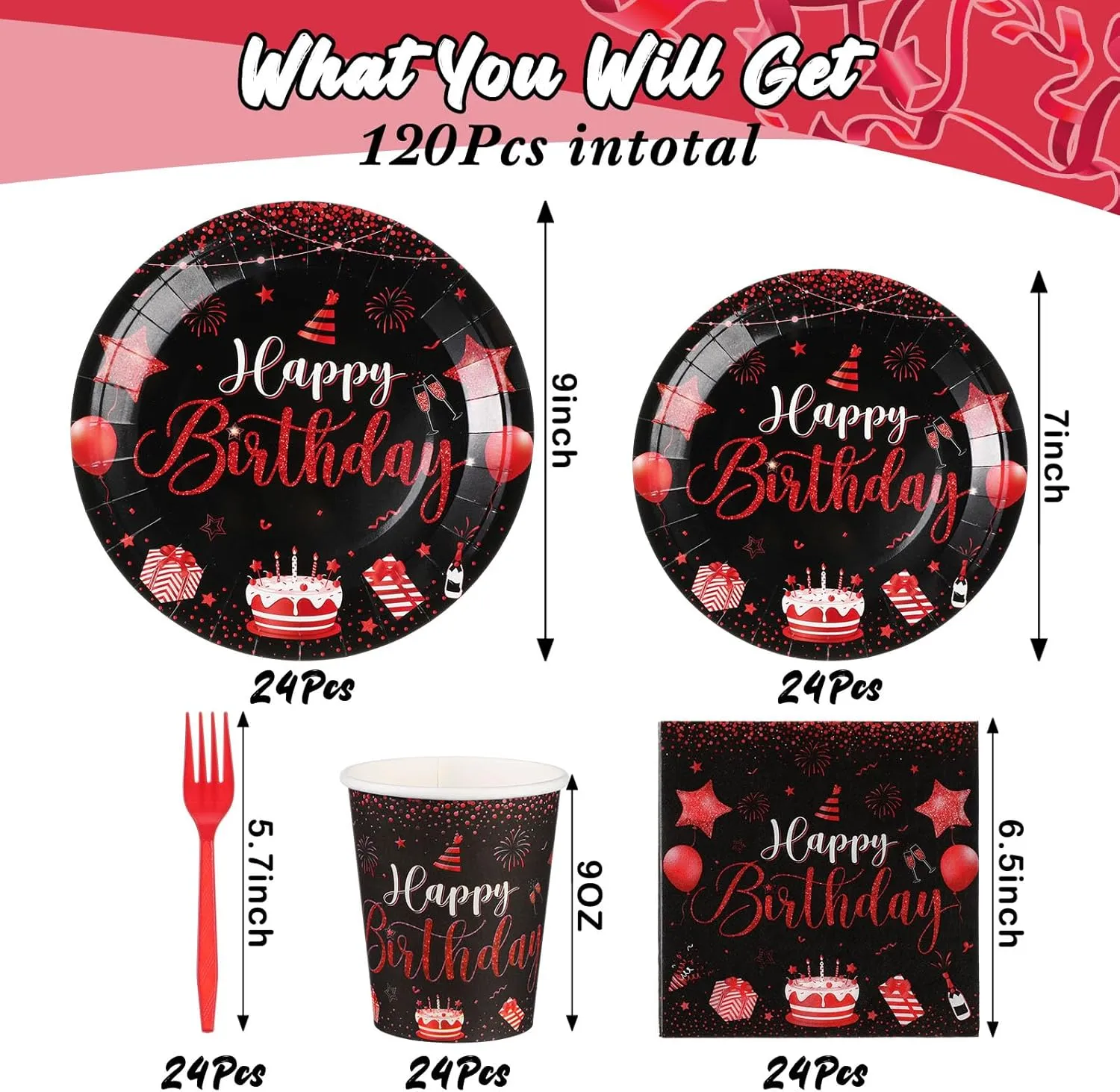 Vesici 120 Pcs Happy Birthday Party Supplies Disposable Party Tableware Serves 24 Included 7 Inch 9 Inch Plates Napkins Cups Forks for Men Woman 50th Birthday Party Decorations (Black and Red)